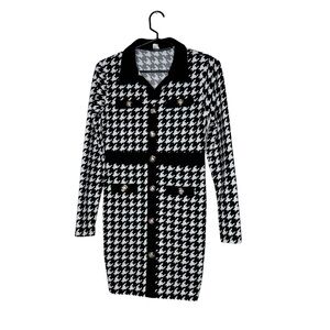 SHEIN Teen Houndstooth Black and‎ White Print Knit Dress Gold Accents SZ 12-13Y